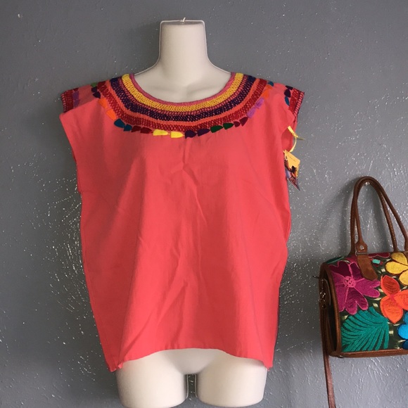Rainbow Embroidered Mexican Artisan Coral  Top - Picture 9 of 11